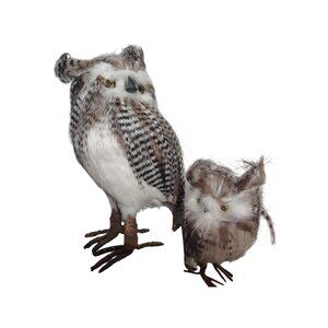 2 Gerson International Owl Figurines, Brown White Striped Faux Feathers 6", 12"